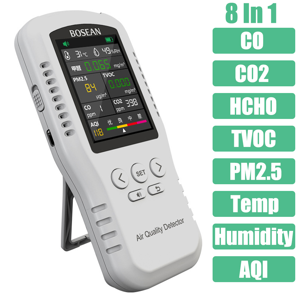 Air Quality Monitor Co2 Pm2.5 Tvoc - Hcho TVOC เครื่องตรวจวัดคุณภาพอากาศ8ใน1, CO2วัดอุณหภูมิความชื้นใน PM2.5หน้าจอวิเคราะห์ก๊าซมีความแม่นยำสูง