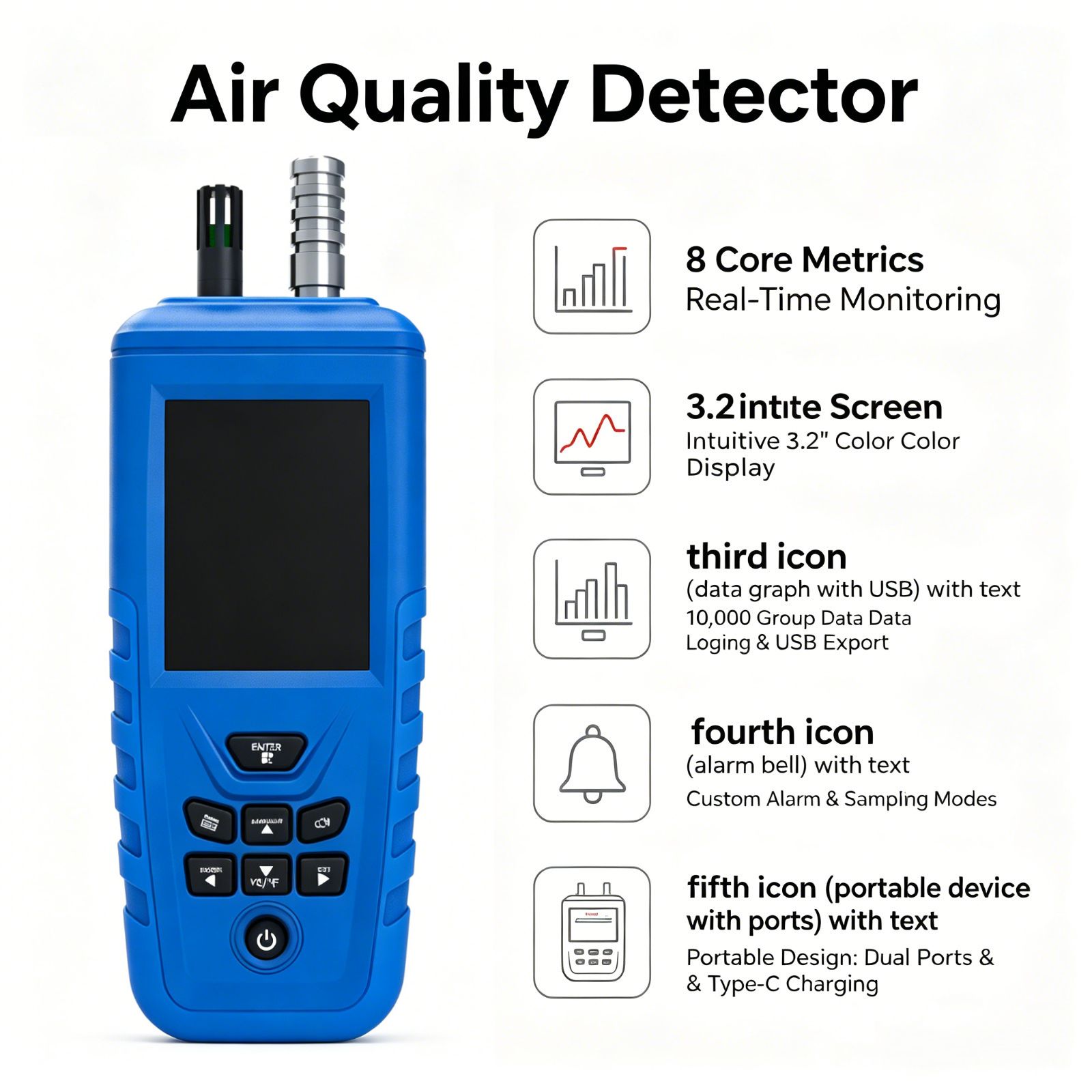 Air Quality Monitor Co2 Pm2.5 Tvoc - เครื่องตรวจวัดคุณภาพอากาศภายในอาคารแบบ 8-in-1 ตรวจวัดค่า CO2, HCHO, TVOC,