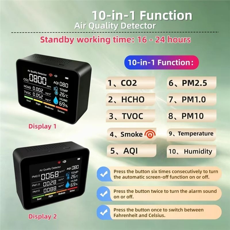 Air Quality Monitor Co2 Pm2.5 Tvoc - เครื่องตรวจวัดคุณภาพอากาศแบบ 10-in-1 รุ่น ABXF-CO2 ตรวจวัดค่า TVOC,